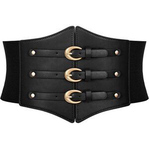 Women Corset Wide Stretch Waspie Elastic Waist Belt with Black Buckle Gold